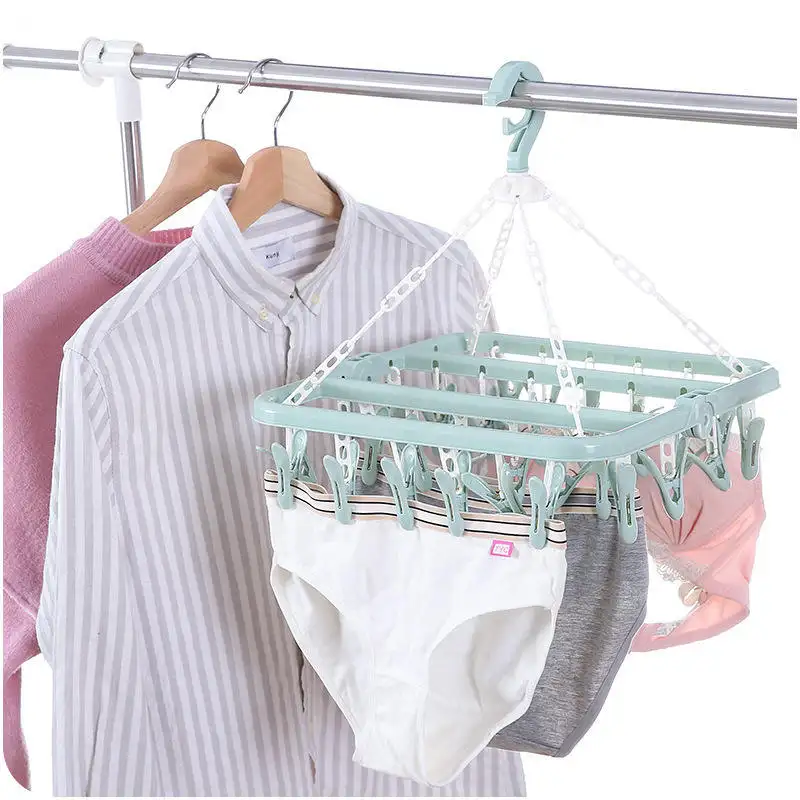 LEEKING Color multifunctional adult durable panty rack portable folding plastic 32 clip space saving socks rack