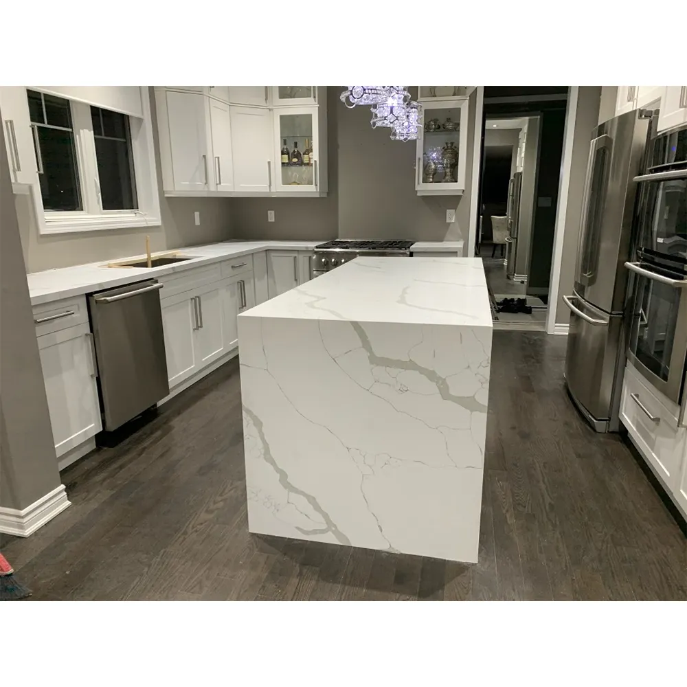Kitchen Artificial Stone Quartz Calacatta Kitchen Countertop With Sink Hole Precut