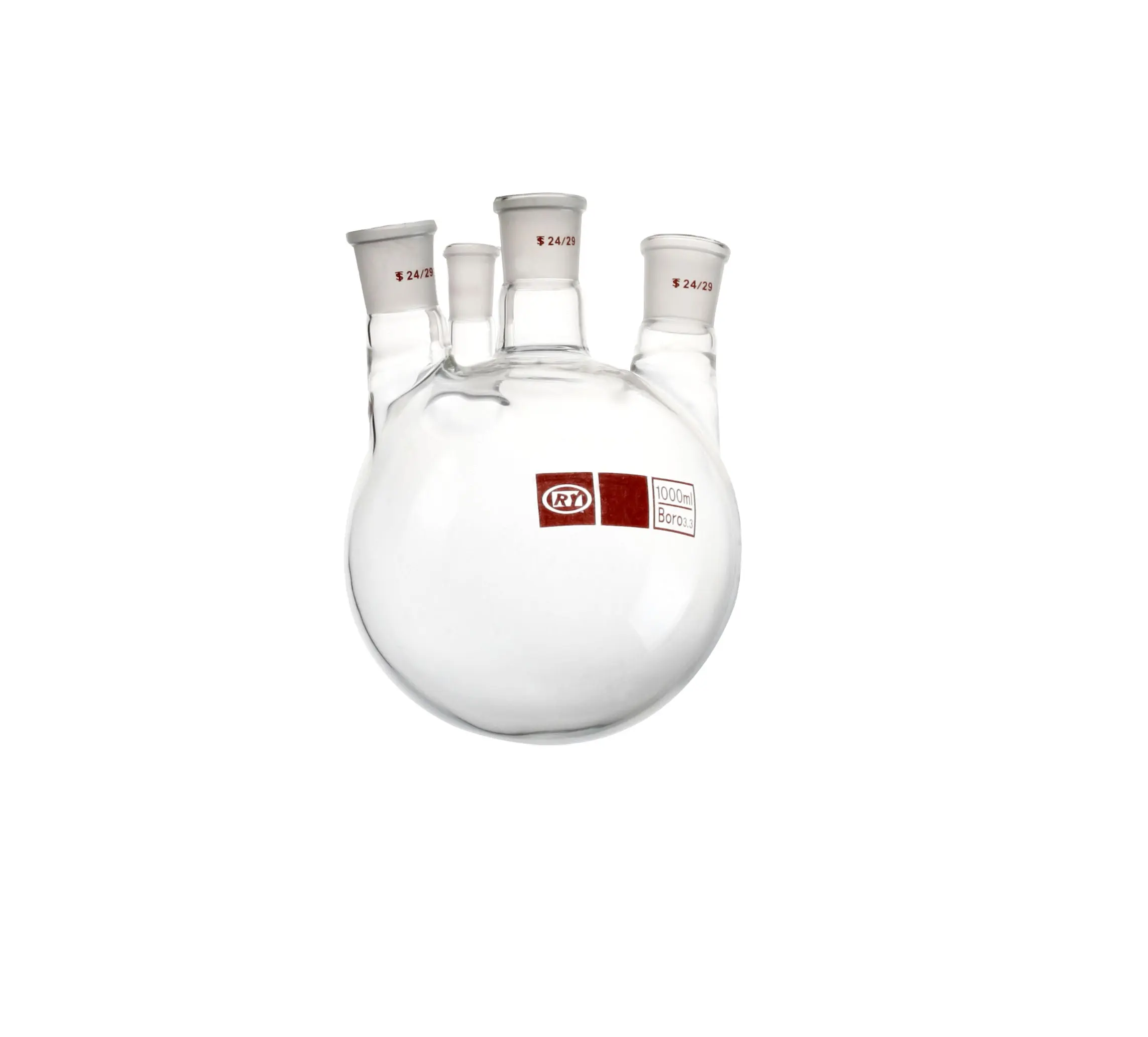 Bichinho de vidro personalizado de fábrica, venda direta, laboratório, frasco redondo com 4 pescoço para pesquisa de ciência de teste químico oem