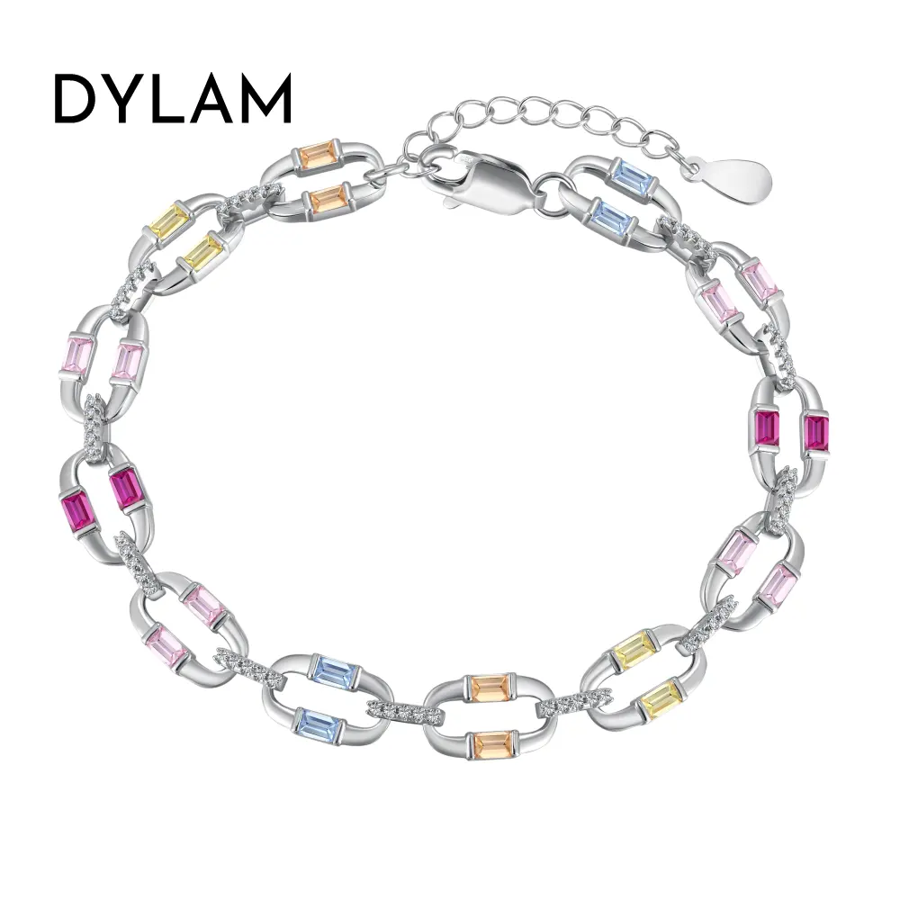 Dylam Paperclip Corss Shape S925 Sterling Silver Bracelet Jewelry Set Cubic Zirconia Pink Stone Diamond Tennis Bracelets Women