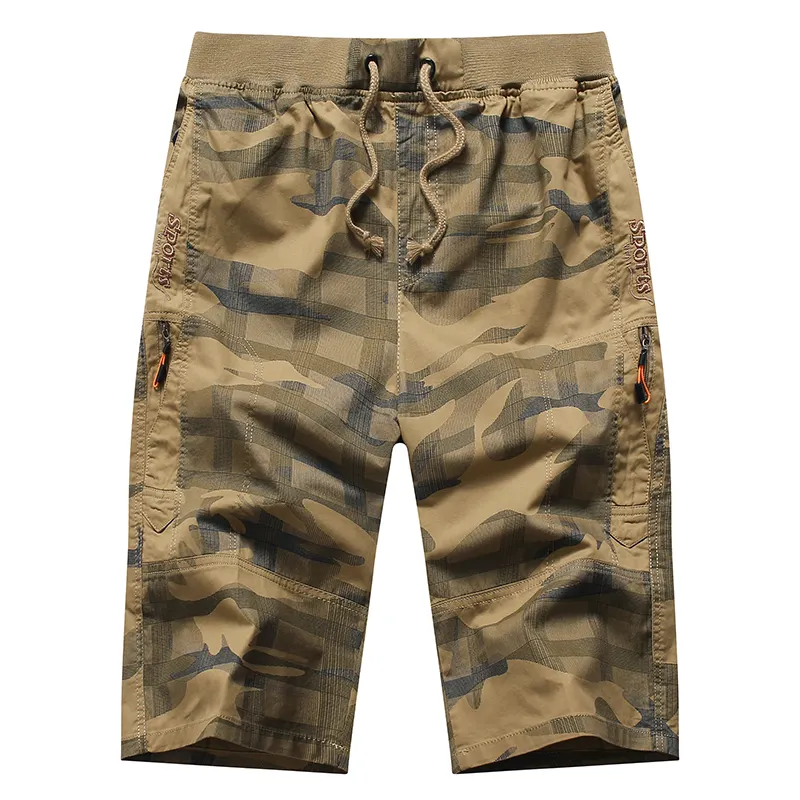 Bermuda cargo camuflada masculina, short baixo baixo baixo, de camuflagem, 6 bolsos abaixo do joelho, calças curtas com cintura elástica