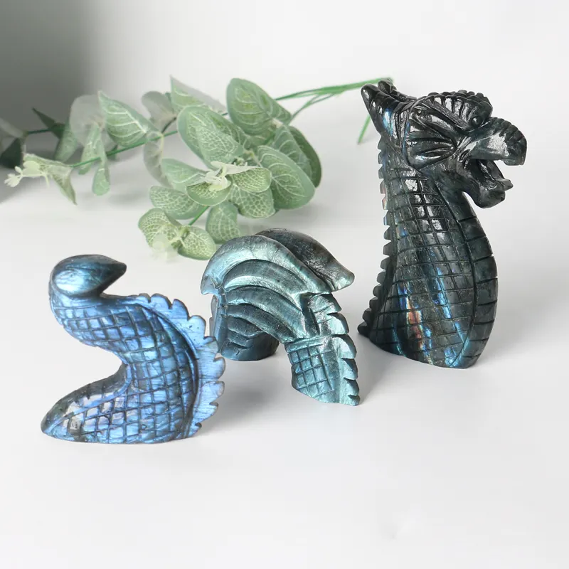 Atacado cristal natural azul labradorite dragão chinês esculpir