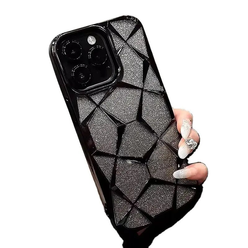 Yeni tasarım 3D oymak Glitter Bling siyah telefon iPhone kılıfları 15 14 13 12 11 Pro Max kızlar geri mobil kapak kabuk Funda