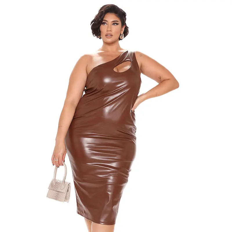 2021 Summer women's PU leather skirt new slanting shoulder sexy tight slit imitation leather dress Large size Brown