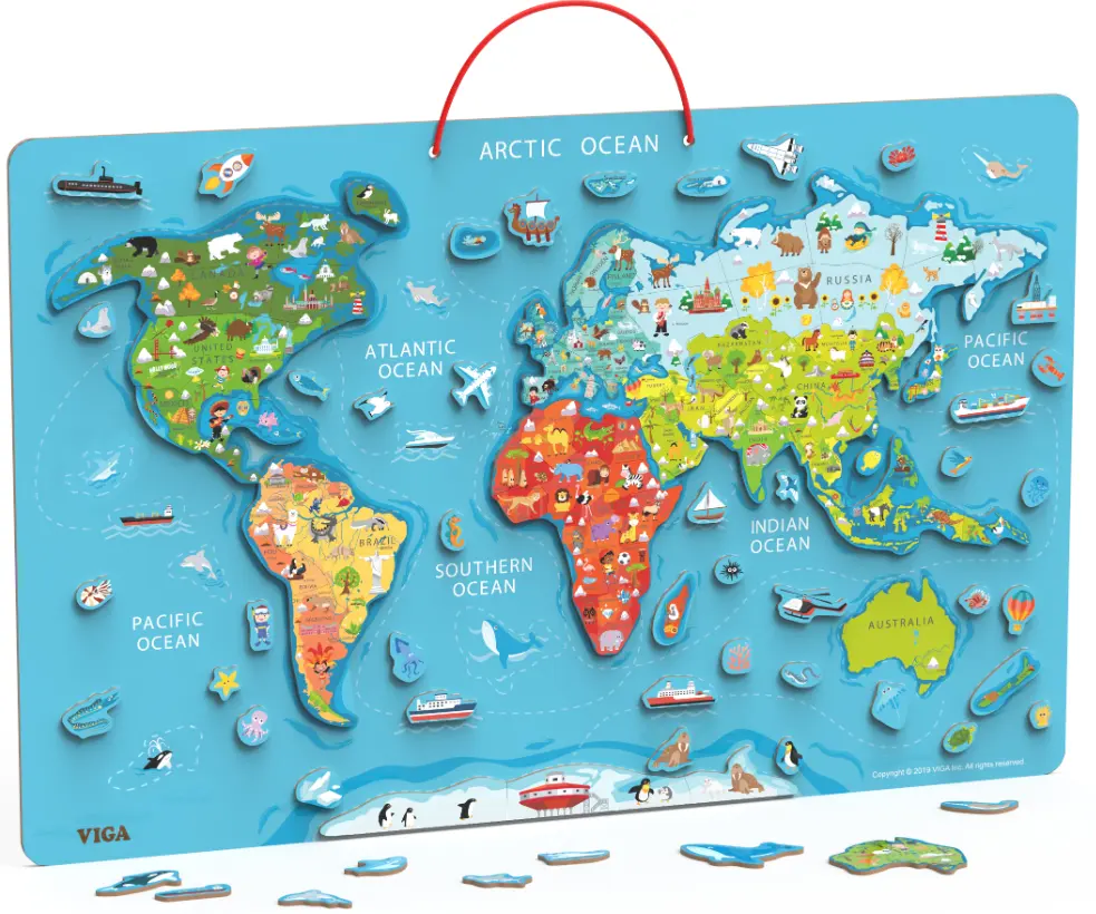 100 قطعة المغناطيسي ألعاب خشبية التعليمية لعب لغز خريطة العالم للأطفال