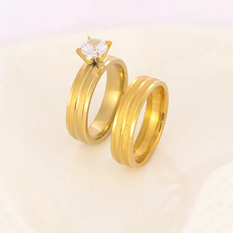 Binshuo Bán Buôn Tùy Chỉnh Thép Không Gỉ Đồ Trang Sức 18K Vàng Mạ Đôi Rãnh Zircon Kim Cương Engagement Vài Nhẫn Người Đàn Ông Phụ Nữ