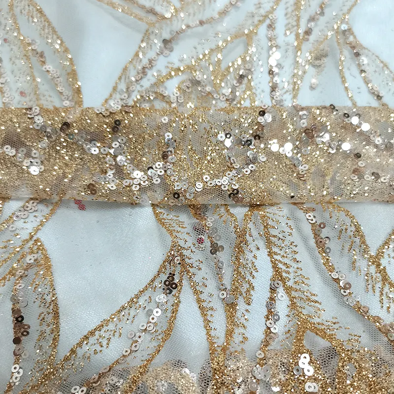 Tul con brillos dorados Golden shiny sequin glitter lace wedding bridal dress mesh net lace fabric