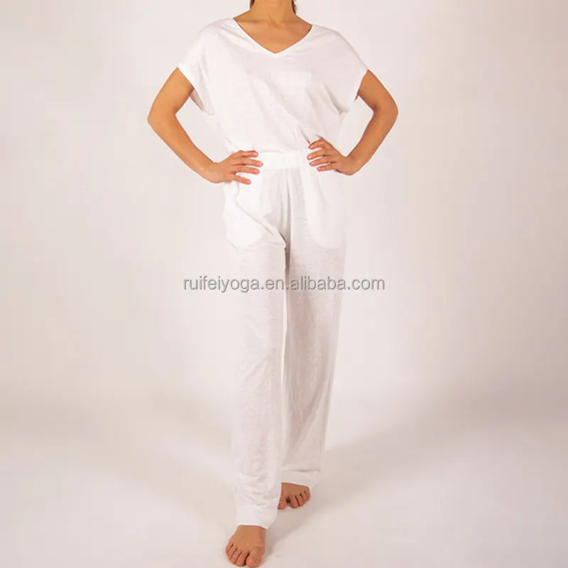 Conjunto casual feminino, nova moda 2022 logotipo personalizado para moças verão 100% linho pernas largas e camisa conjunto duas peças solto calça de linho branco