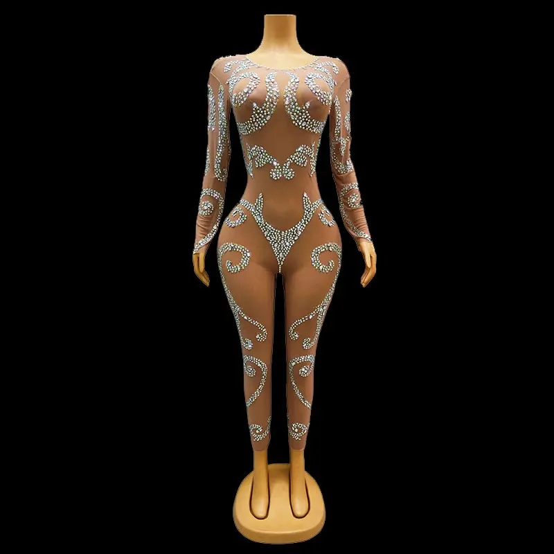 Roupa Sexy Bodysuit Desempenho Aniversário Cantor Traje Brilhante AB Cor Strass Nu Transparente Macacão