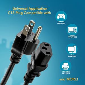 UL Approved Universal Computer Monitor Power <strong>Cord</strong> C13 Power Cable18 <strong>AWG</strong> GA NEMA 5-15P to IEC13 - Product Image 5