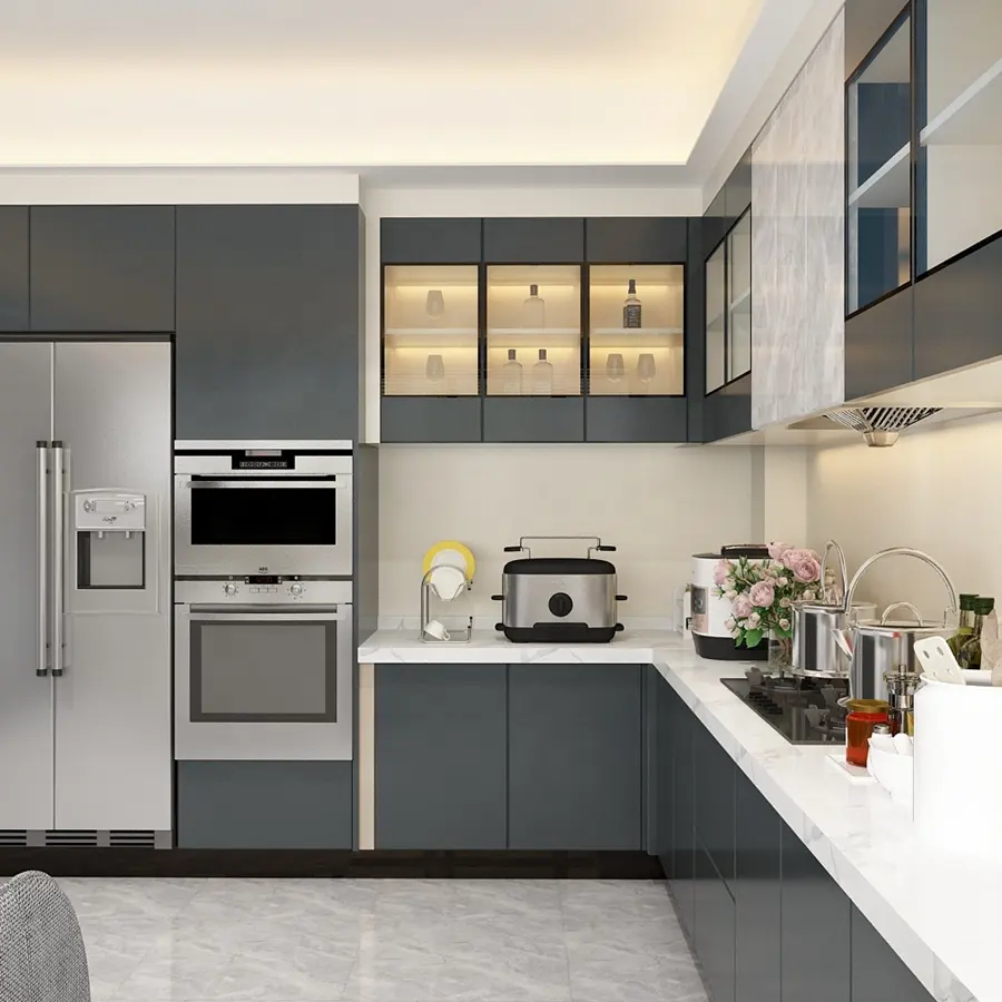 Armoires de cuisine de haute qualité, meilleures basses, comptoirs de couleurs grises à deux tons avec armoire de conception en bois de peinture moderne