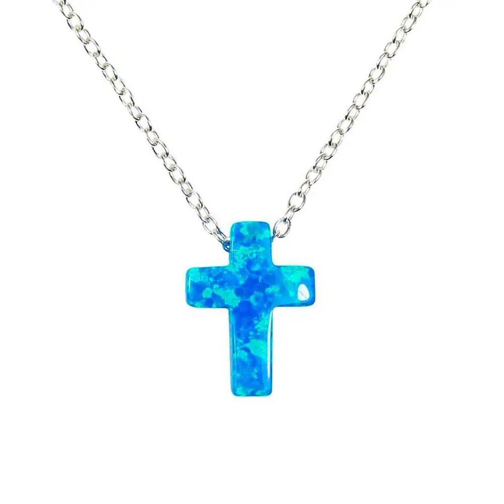 Gioielli religiosi assiri 925 argento Sterling opale blu croce collana per donne ragazze
