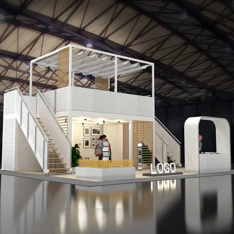 Le plancher commercial fait sur commande d'étage de double plate-forme tient la cabine modulaire en aluminium de conception d'exposition juste au détail résistante de deux niveaux