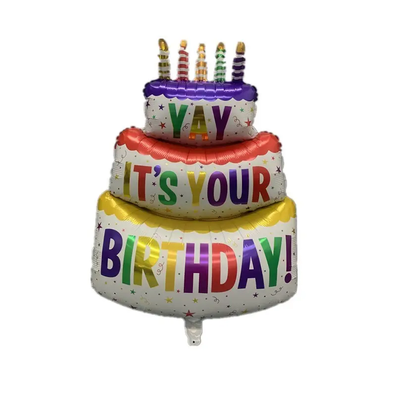 Globo de papel de aluminio con forma de pastel de tres capas de tamaño grande, Impresión de feliz cumpleaños con velas, globos para decoración de fiesta de bebé