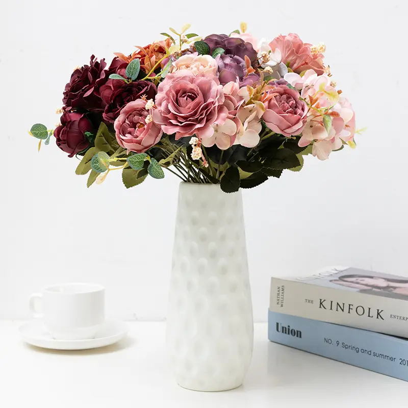 Vendita calda fiore artificiale peonia Bouquet corto tessuto composizione floreale matrimonio ortensia fiore rosa