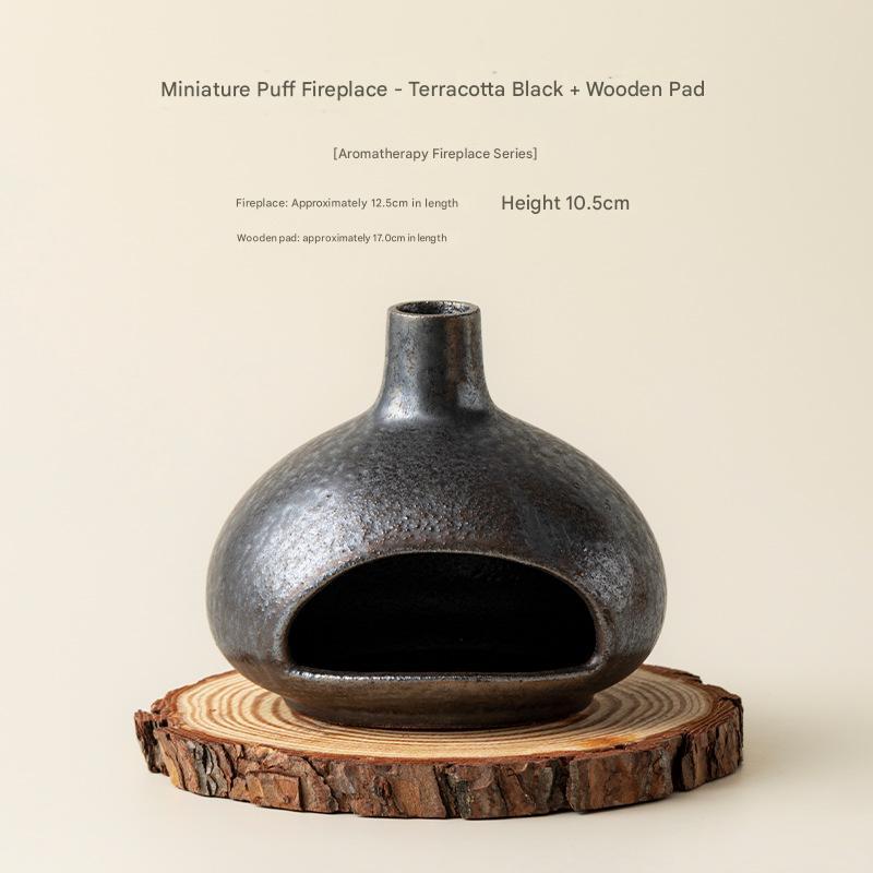 Small puff fireplace-ceramic black-wooden mat