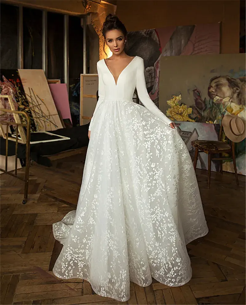 Lace Wedding Dresses 2024 Long Sleeve V-neck Boho Bridal Gowns Satin Top Backless White Vestido de noiva