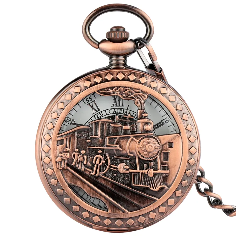 Винтажный красный металлический паровозный поезд Каркас механические карманные часы в стиле стимпанк с цепочкой
