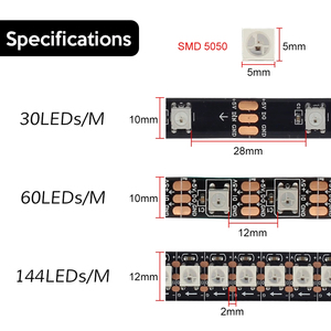 WS2812B发光二极管条5050 RGB 5V 30/60/144LED像素ws2812集成电路可寻址彩色RGB发光二极管条灯IP30 IP65 IP67防水 - Product Image 3