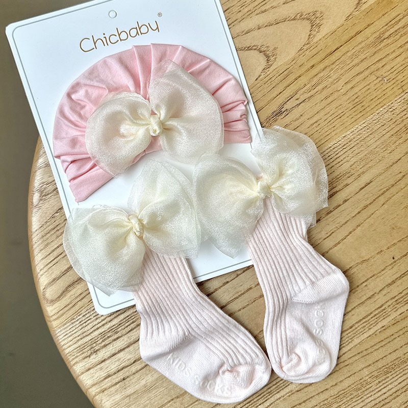 24 gorro de gasa de nieve plateado claro de arroz rosa + calcetines largos