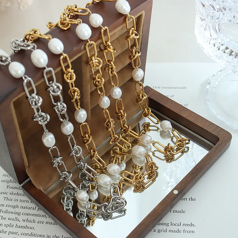 Großhandel Custom 18 Karat Gold Edelstahl Knoten Kettenglied Natürliche Süßwasser Perle Halskette für Frauen