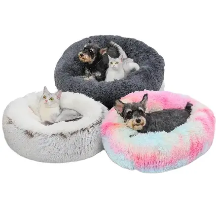 긴 인조 모피 애완 동물 침대 편안한 방수 봉제 도넛 라운드 개 침대 Dropshipping 부드러운 빨 고양이 침대 이동식 애완 동물 쿠션