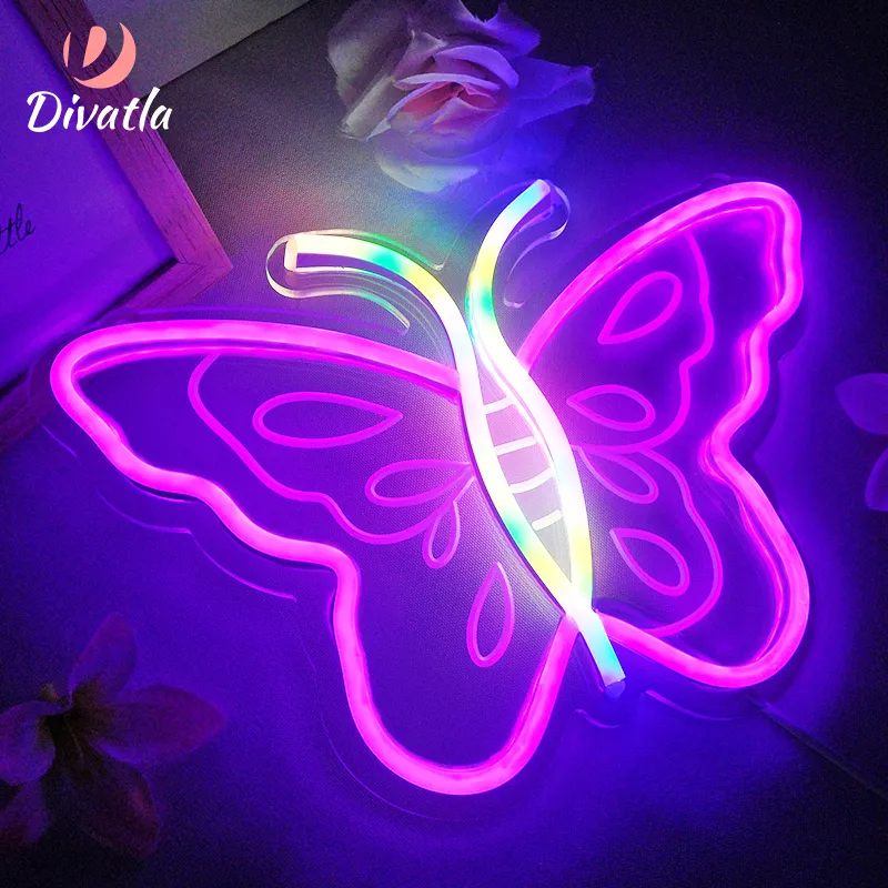 DIVATLA personalización mariposa jardín fiesta dulce ambiente restaurante y tienda decoración impermeable acrílico Led luz neón signo