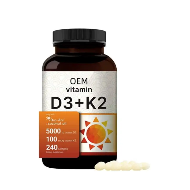 Vendita calda OEM vitamina D3 K2 (MK7) con olio di cocco vergine 240 Softgels vitamina D3 5000 IU & K2 MK7 100mcg