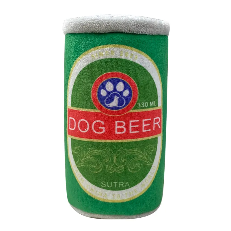 تصنيع تصميم جديد سلسلة زجاجات البيرة محشوة من القطيفة الكلاب لعبة مجموعة الصرير الحيوانات الأليفة للكلاب
