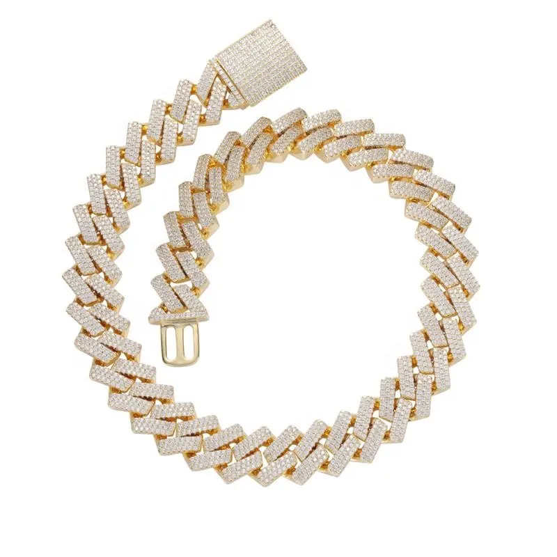 Gargantilla de estilo hip hop chapada en oro blanco, de latón y circonita completa de tres filas, rombo de 20mm, cadena gruesa de miami