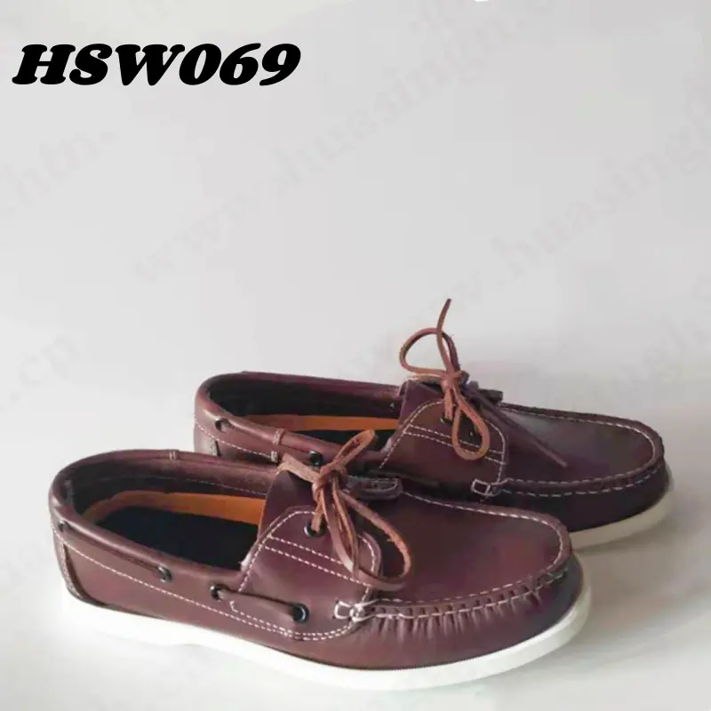 CMH,handsewn full leather brown walking style moccasin shoes lightweight sturdy white flat rubber sole casual peas shoes HSW069