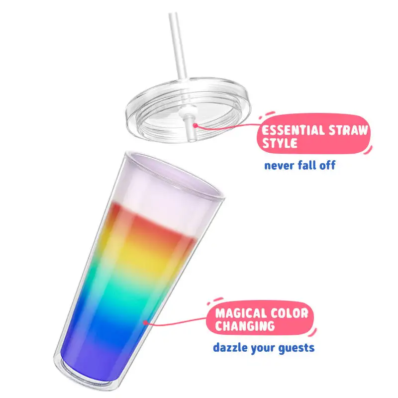 Bicchiere da tè boba in plastica da 24 once con coperchio e cannuccia nuova tazza cambia colore arcobaleno tazza fredda magica