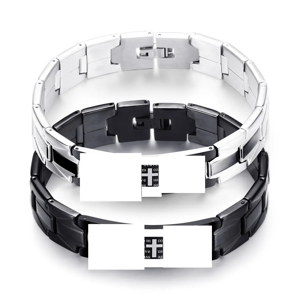 Gran oferta de pulseras Punk con hebilla ajustable para hombre, pulseras de correa de reloj con placa de identificación cruzada de acero inoxidable negro plateado