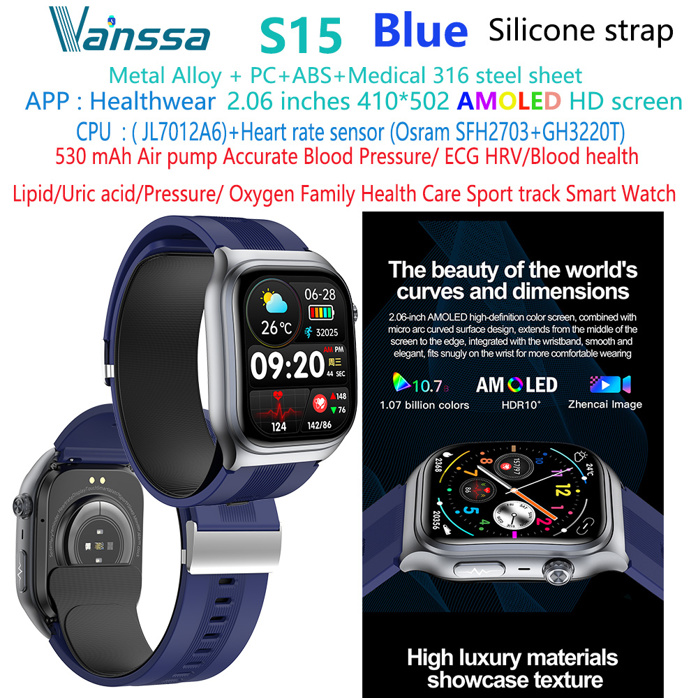 Reloj inteligente azul S15 para presión arterial, ecg y salud