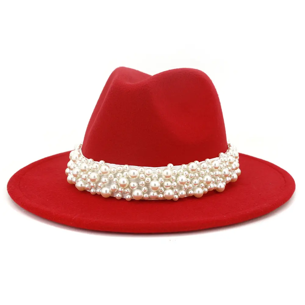 Sombrero Fedora de fieltro de lana de ala ancha para mujer, con cadena, a la moda, para fiesta, iglesia, vestido, sombreros, cinta de perlas, decoración, sombrero blanco