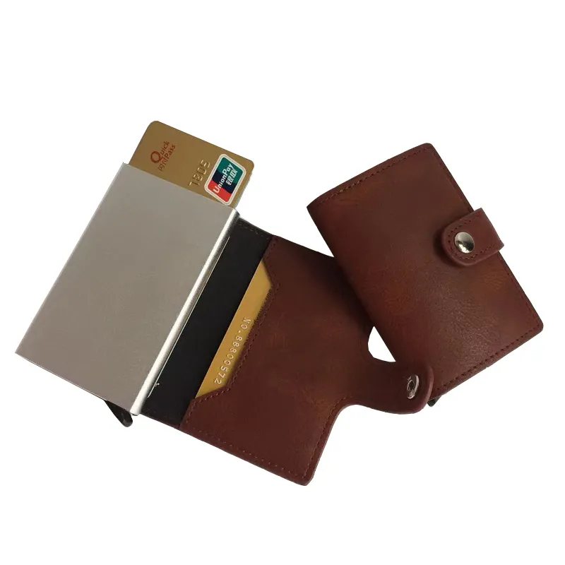 고품질 갈색 pu 가죽 카드 홀더 케이스 스마트 RFID 차단 알루미늄 자동 팝업 ID 신용 카드 홀더 지갑