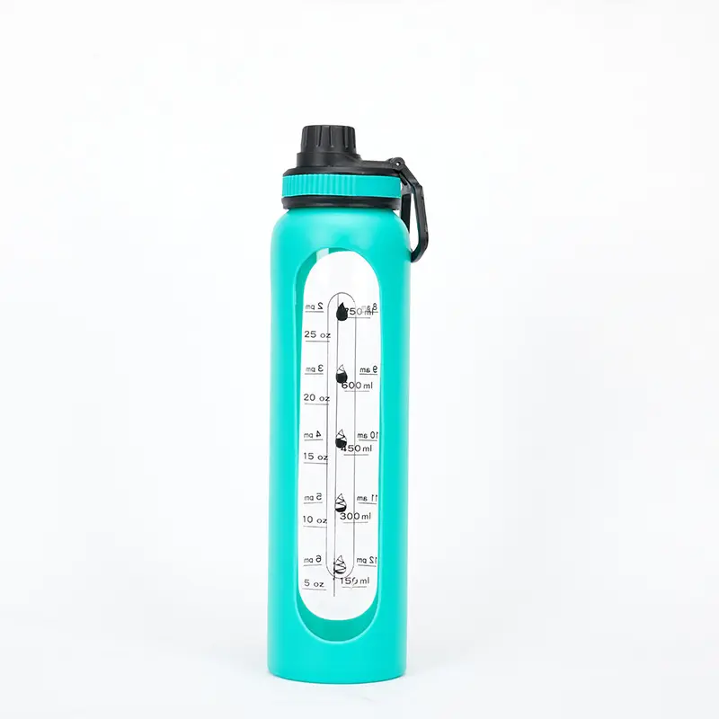Botella de agua de vidrio con marcador de tiempo y funda de silicona negra, sin BPA, a prueba de fugas, motivaciones, 1 litro, 32 oz, venta al por mayor