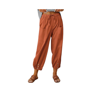 夏季女式高腰棉卡普里裤拉绳束带下装纽扣宽松休闲直腿裤袋 - Product Image 1