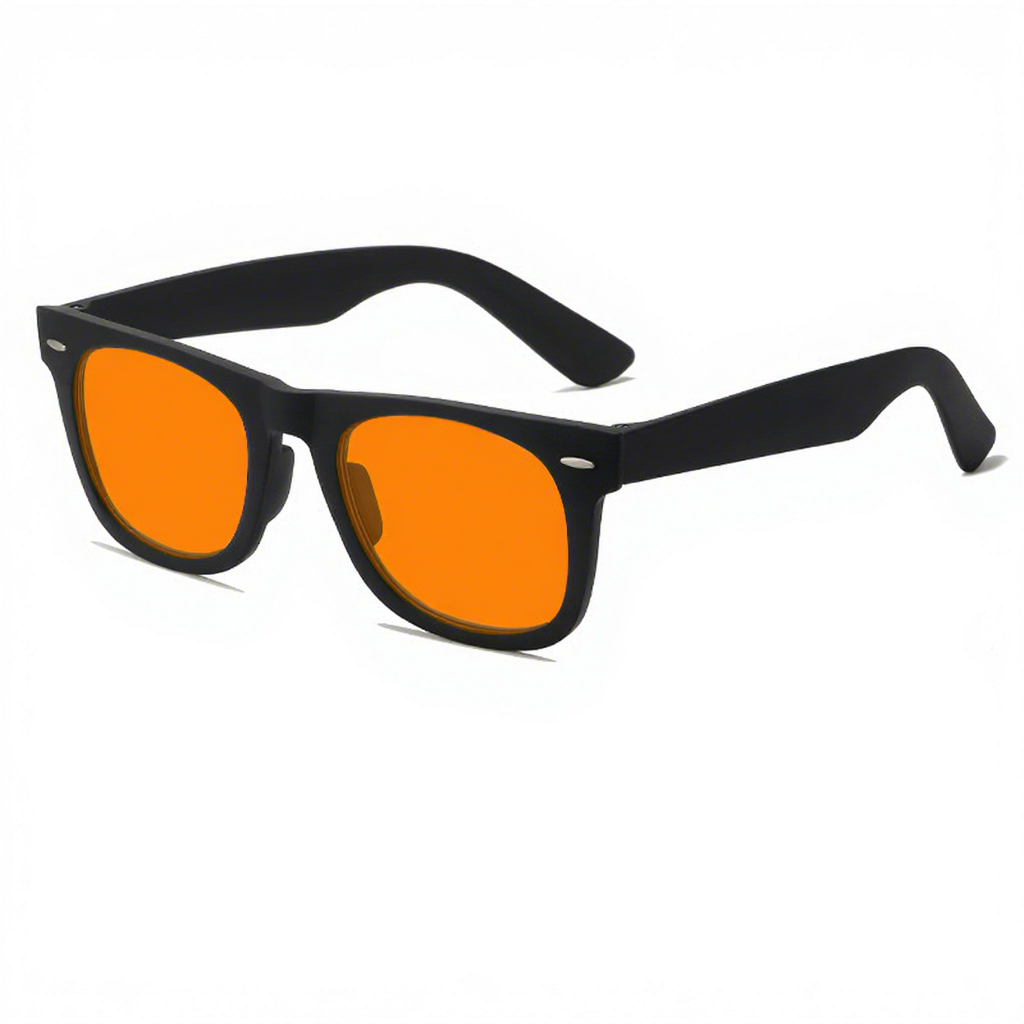 Montura completamente negra-lentes naranjas