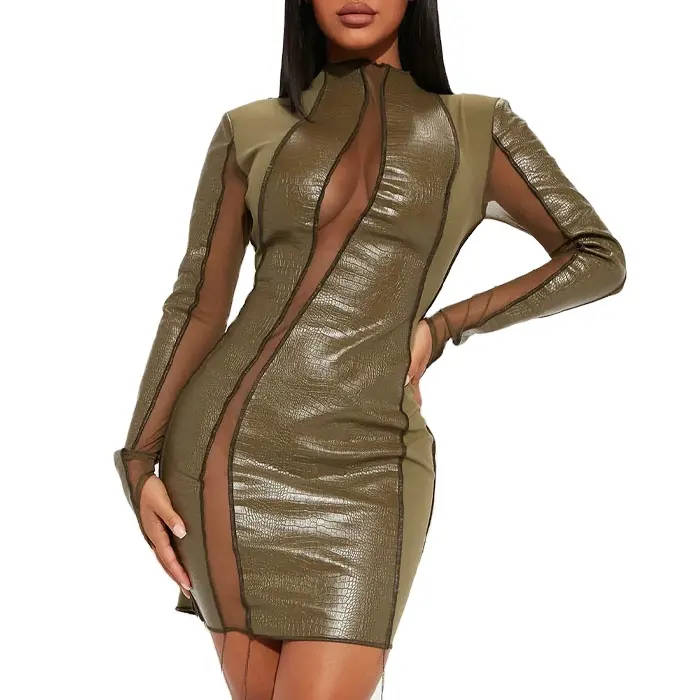 Trendy Langarm Mock Neck Rücken Reiß verschluss PU Leder und Jersey Mesh getäfelten Farb block Bodycon Mini kleid