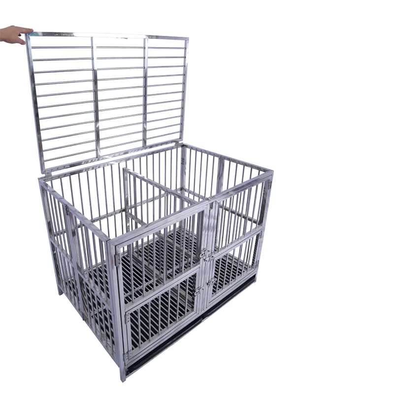 Cage réglable et robuste pour chien, en acier inoxydable, avec roulettes, avec deux portes