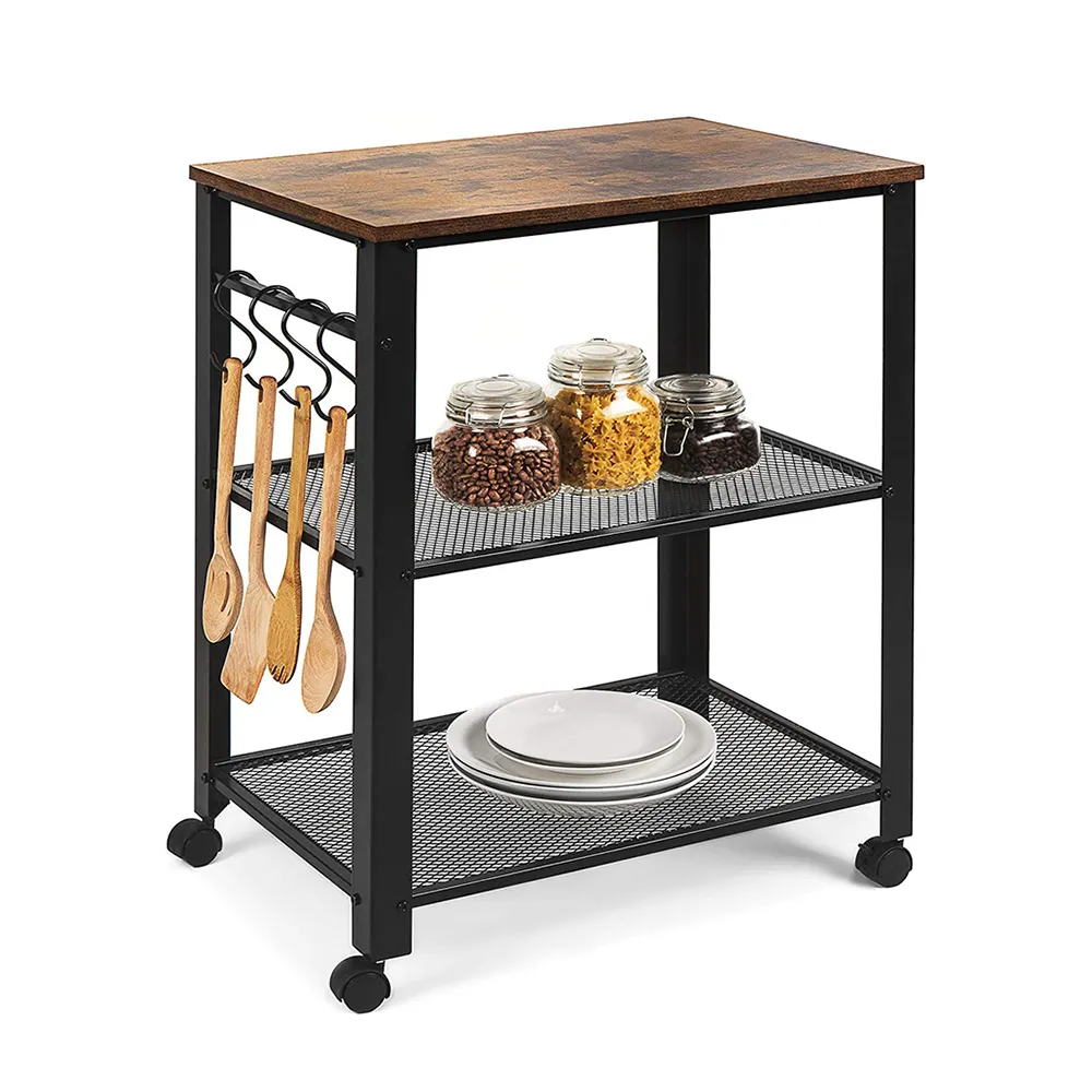 Kitchen Island Serving Cart With Utility Wood Tabletop 3-Tier Rolling Storage Cart