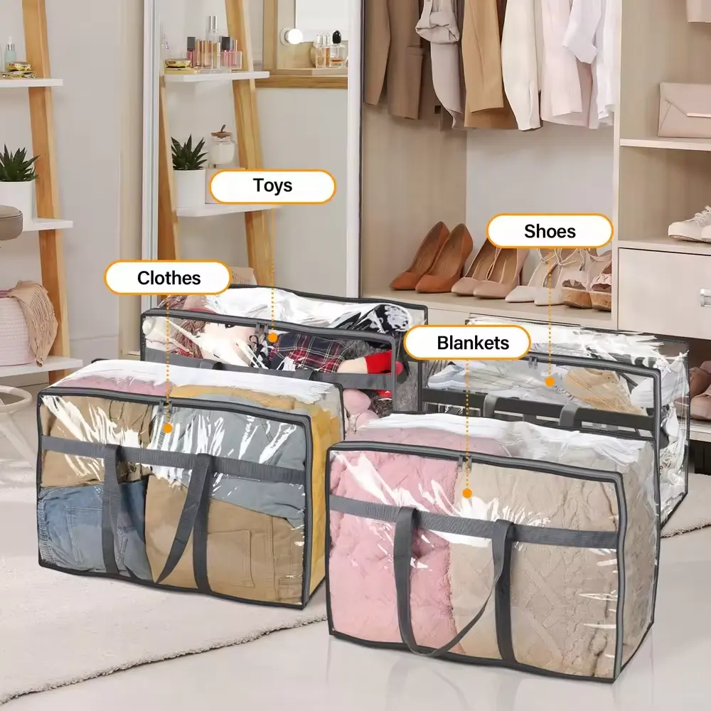 High-quality 110L Waterproof Oversized Clear Blanket Storage Bags For Clothes with Zipper Handles