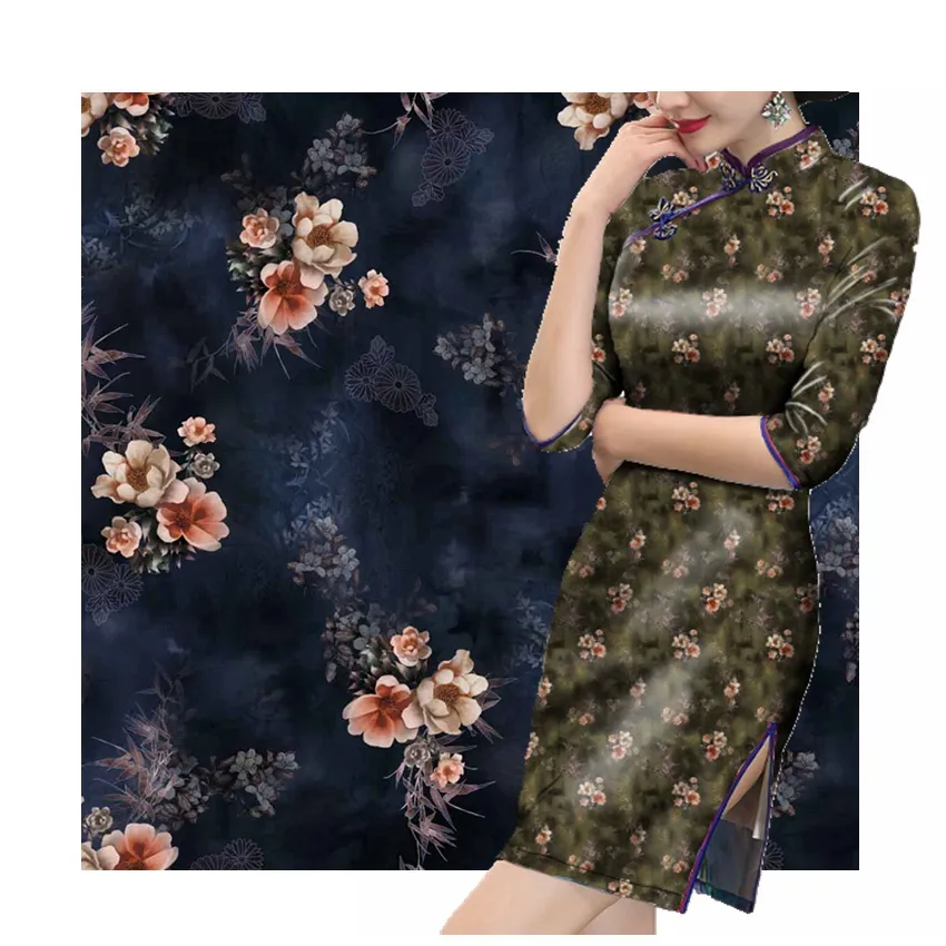 Индивидуальный цифровой принт, имитация шелка, сатин, шифон, блестящая полиэфирная цветочная ткань s201480 для женской одежды, шарф