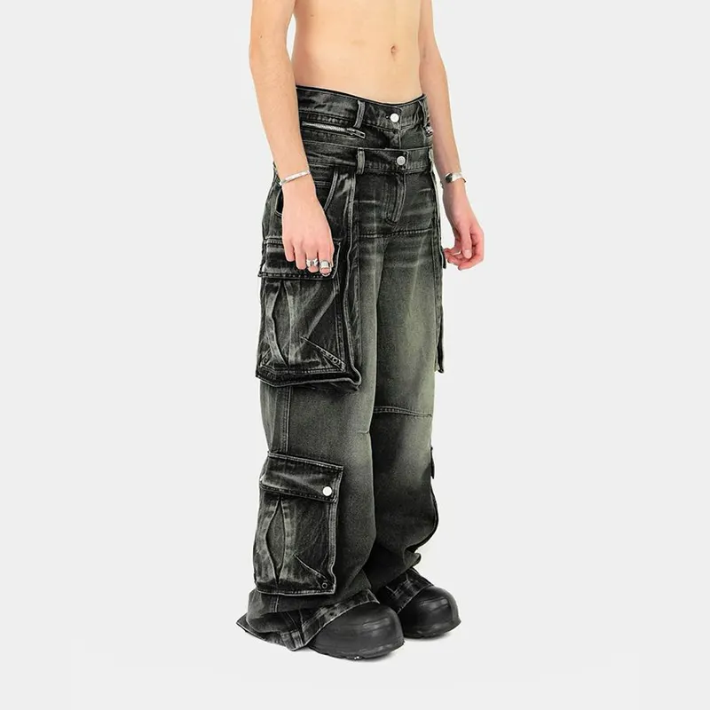 DIZNEW Jeans cargo de cintura alta jeans para homens de rua preta com vários bolsos