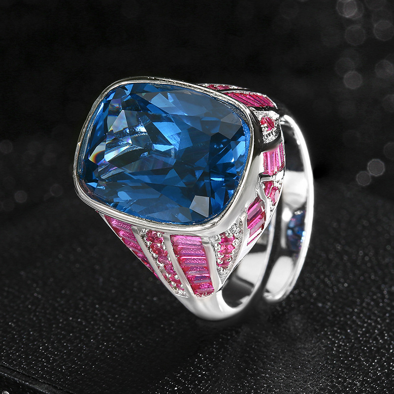 Bague bleue à cristal pointu, taille ajustable