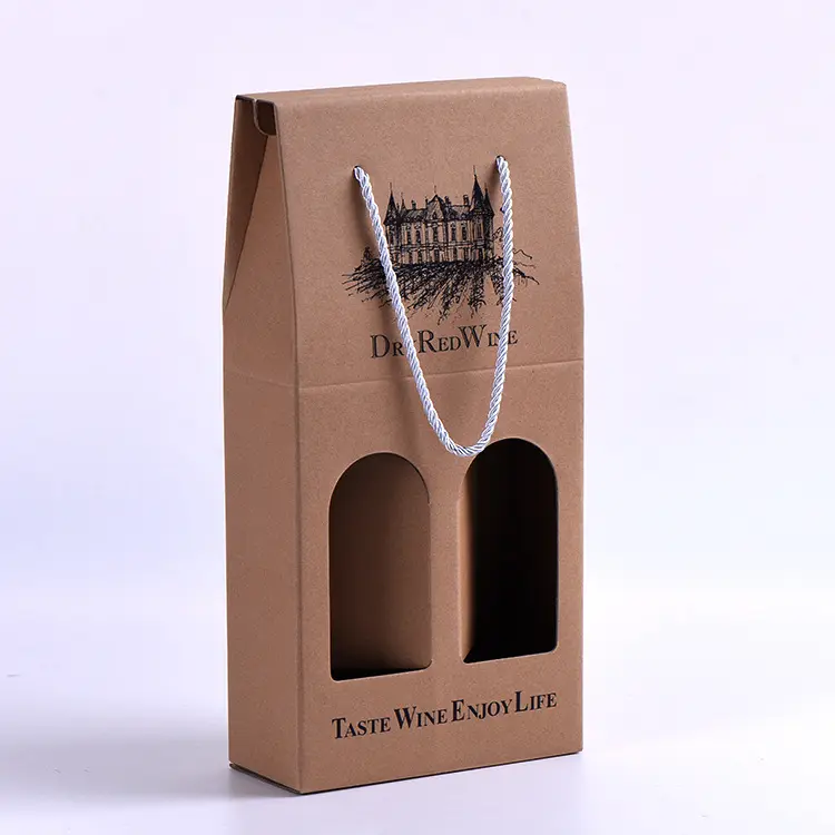 Caja de cartón corrugada de papel Kraft, embalaje personalizado de impresión de colores, embalaje de 2 botellas, soporte portador de botellas de vino y cerveza