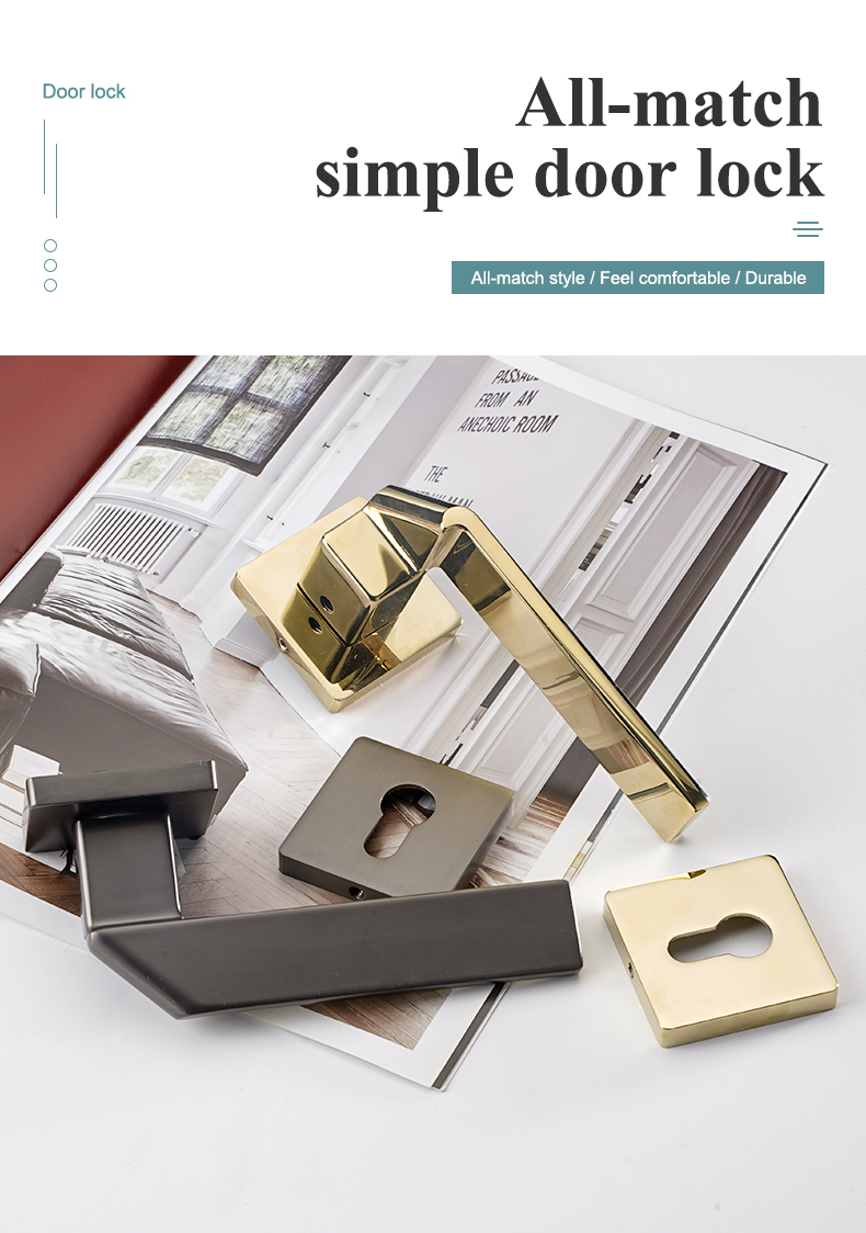 Unique Style Zinc Alloy PVD Gold Square Bathroom Hoom Door Handle Hardware Interior Door Lock