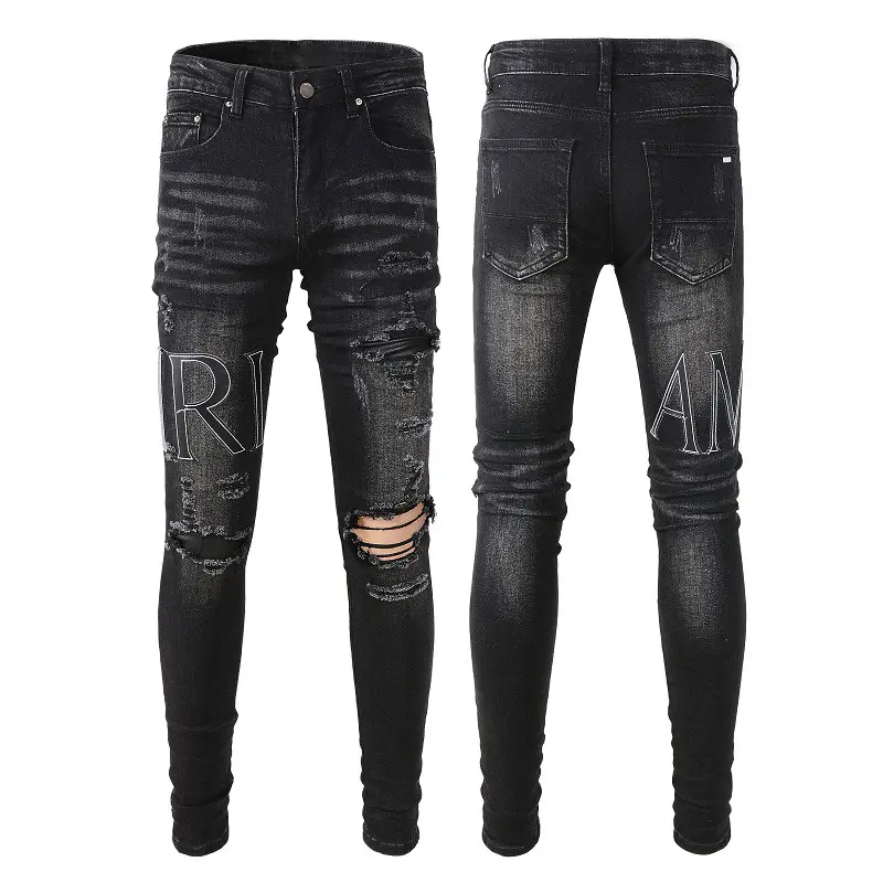 Mens fashion AMIRIY European and American street ripped alphabet embroidery slim-fit jeans men jeans trouser