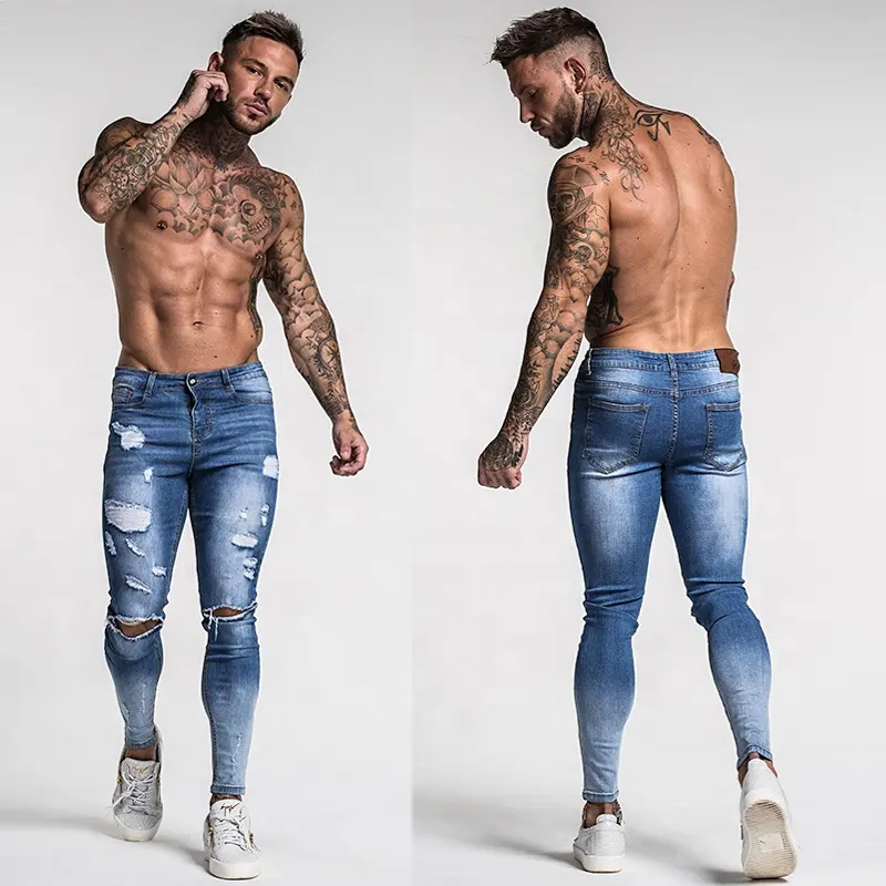 Calça jeans masculina azul claro, tipo rasgado para homens